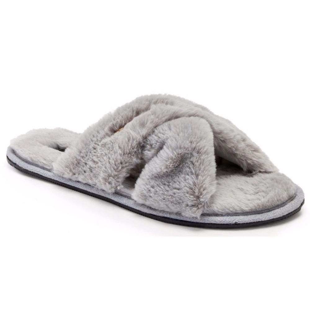 NIB bebe Caraleen Faux Fur Crisscross Slippers, Gray, 8M